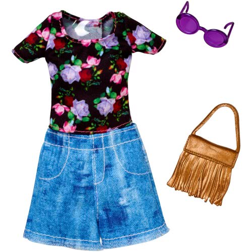 Mattel Barbie Fashion Night Dresses, Black Blouse With Flowers And Jean Skirt FND47 / FLP79 887961588583
