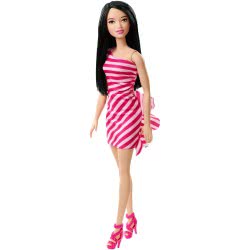 Mattel Barbie Μοντέρνα Φορέματα Με Αξεσουάρ, Ριγέ Άσπρο Και Ροζ Φόρεμα, Μελαχρινή Κούκλα T7580 / FXL70 887961694734
